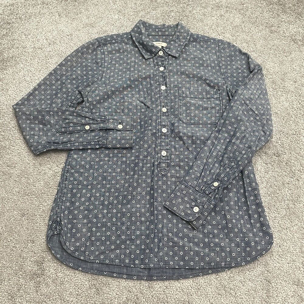 J. Crew Haft Button Up Chambray Shirt Mens 00 Blue Polka Cotton Long Sleeve Top